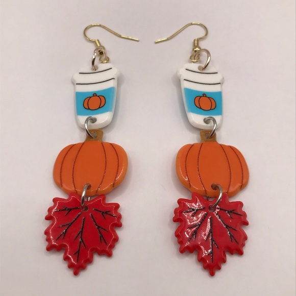 Fall Autumn Pumpkin Spice Coffee Dangle Statement Earrings - Picture 2 of 3